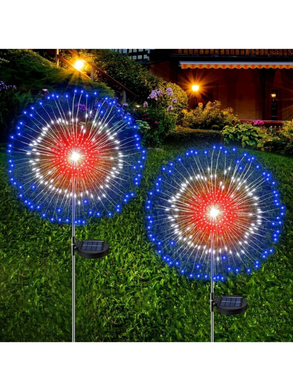 Patriotic Solar Firework Lights - 2 Pack Outdoor LED Decorations for 4th of